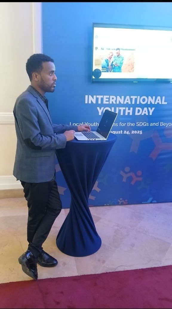 Tolera Degefa presenting FarmVista live at International Youth Day 2025